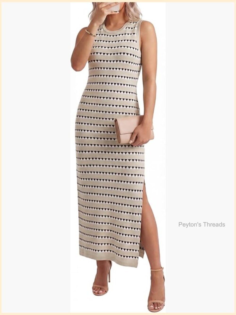 Maternity Knit Sleeveless Crewneck Midi Dress Side Slit Striped Bodycon